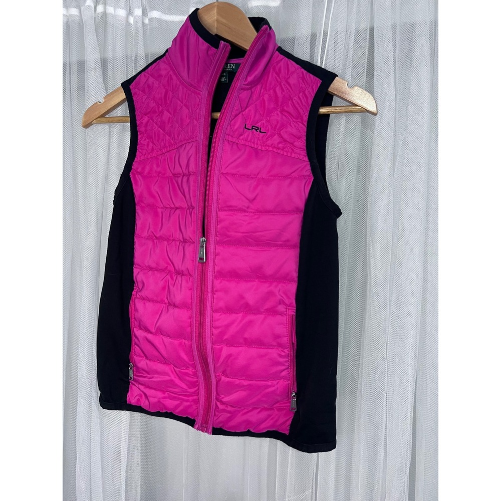 Lauren Ralph Lauren Pink Black Hybrid Puffer Vest Petite XS LRL Zip Up Quilted